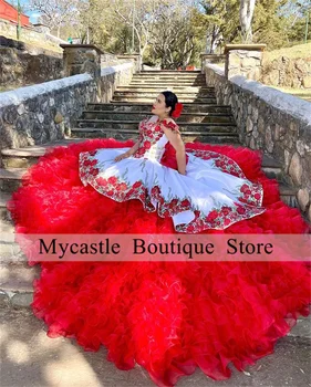 Мексико, 2 броя, корсет, бална рокля с открити рамене, пищни рокли от мъниста, червени набори, апликации, Милото 16-часово рокля за момичета, празнична рокля за момичета