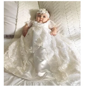 Красивото дантелено рокля за кръщаване на детето, расшитое мъниста, с бяла рокля за новородени момичета на 1 година, рокли за кръщаване с къс ръкав за рожден ден
