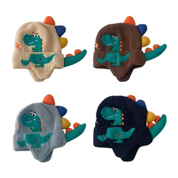 Мультяшная вязаная капачка N80C, топло и игриво шапка с принтом динозавър, лека шапка за деца