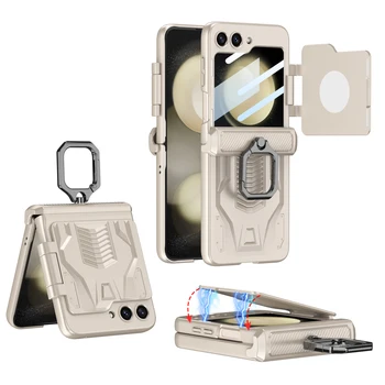 Магнитен Сгъваща се Външен Калъф за Samsung Galaxy Z Flip 5 Flip5 Case, Напълно включен Магнитен Панта, със Стъклен Капак Стойка за задно виждане на Екрана