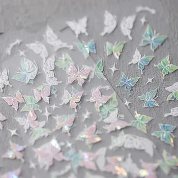 Розово-зелена Поляризованная Илюзия Пеперуди Бели Звезди 3D Самозалепващи стикери за декорация на нокти Луксозни Етикети за маникюр на Едро