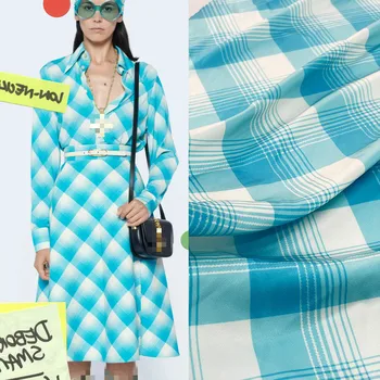 Сатен пола-риза в синьо клетка с геометричен принтом От плат на поръчка Мода 2021 Пролет и лято плат Тип Материал