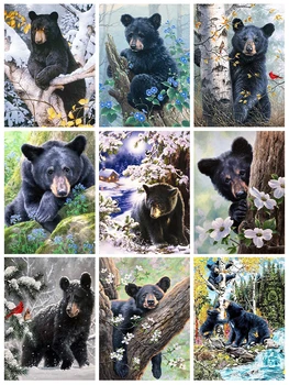 5D диамантена живопис с животни, сладък пейзаж с черен мечок, диамантена живопис, вградени пълна диамант бродерия, Украса за дома